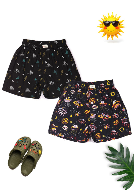 CLLING Unisex Printed Cotton Boxer Shorts - Black Surfboard & Space UFO Print