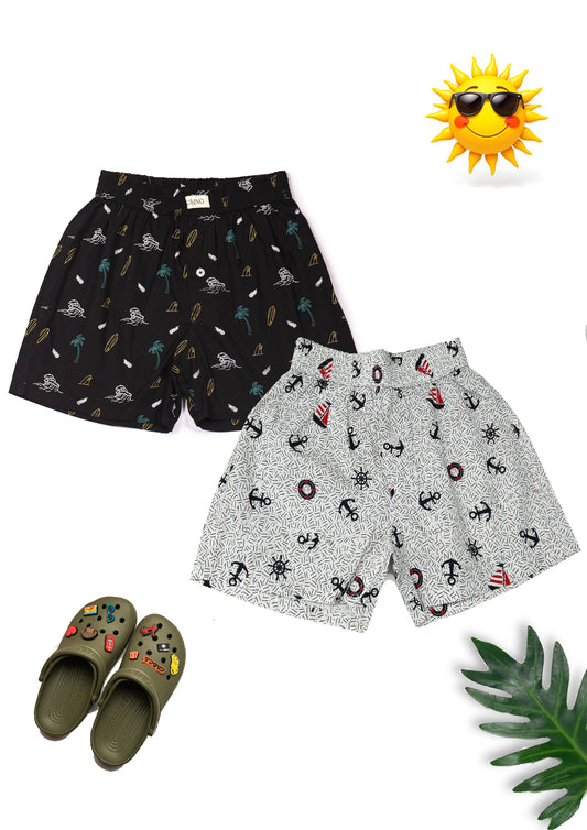 CLLING Unisex  Black Surfboard & Grey Nautical Anchor Printed Cotton Boxer Shorts