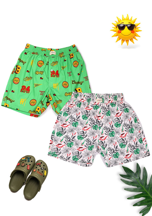 CLLING Kids 2-Pack Pure Cotton Printed Boxer Shorts - Green Sports & White Tropical Print