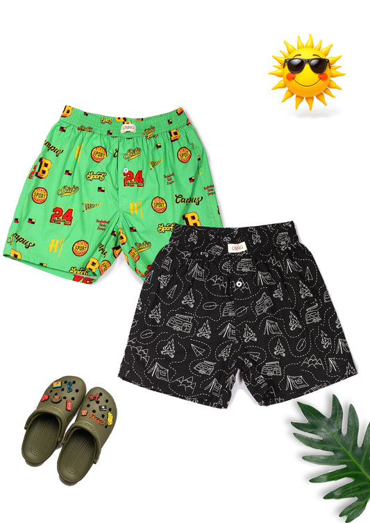 CLLING Kids Super Soft Black & Green Graphic Cotton Boxer Shorts Set - Pack of 2