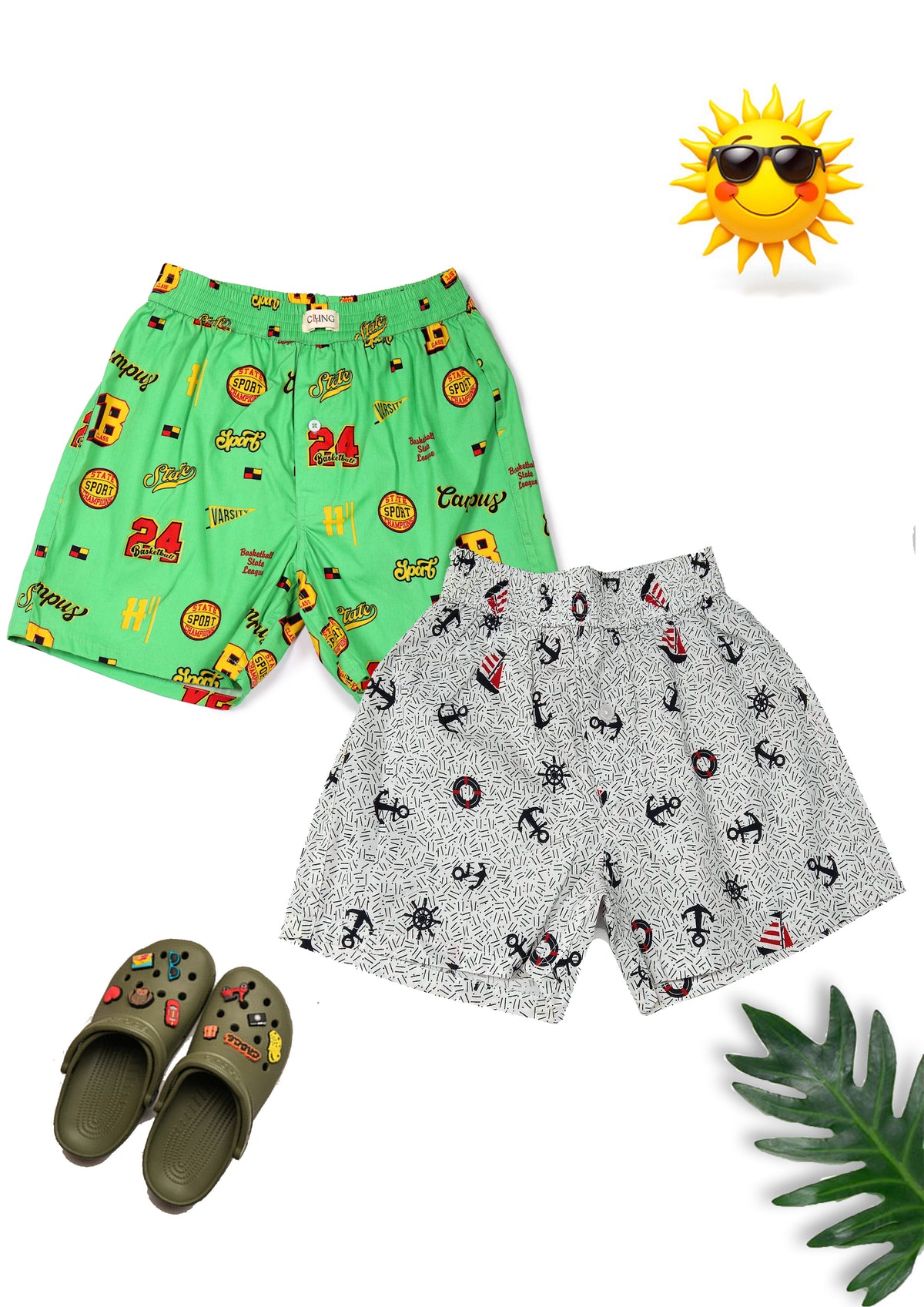 CLLING Kids Super Soft Green & Light Grey Graphic Cotton Boxer Shorts Set - Pack of 2
