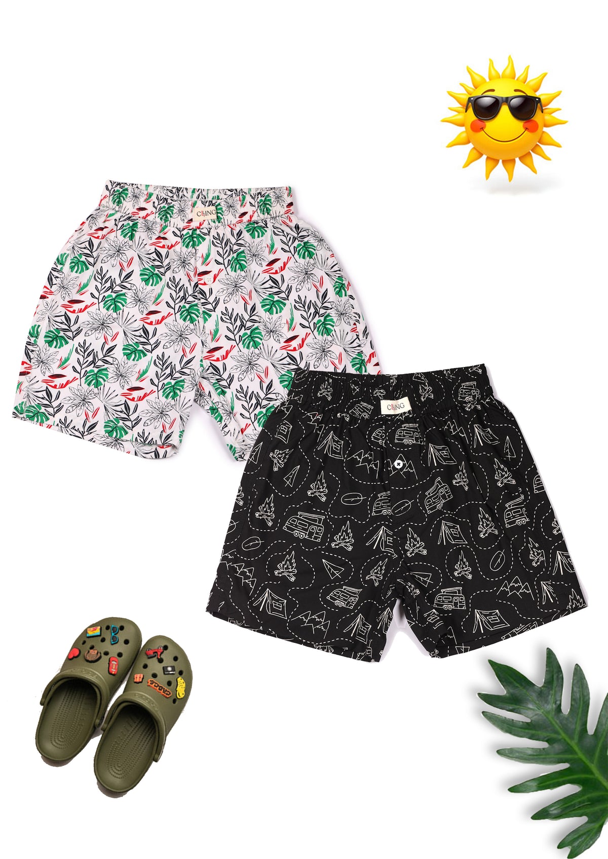 CLLING Kids Super Soft White & Black Nature Graphic Cotton Boxer Shorts Set - Pack of 2