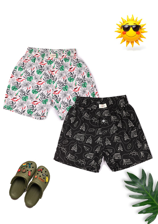 CLLING Kids Super Soft White & Black Nature Graphic Cotton Boxer Shorts Set - Pack of 2