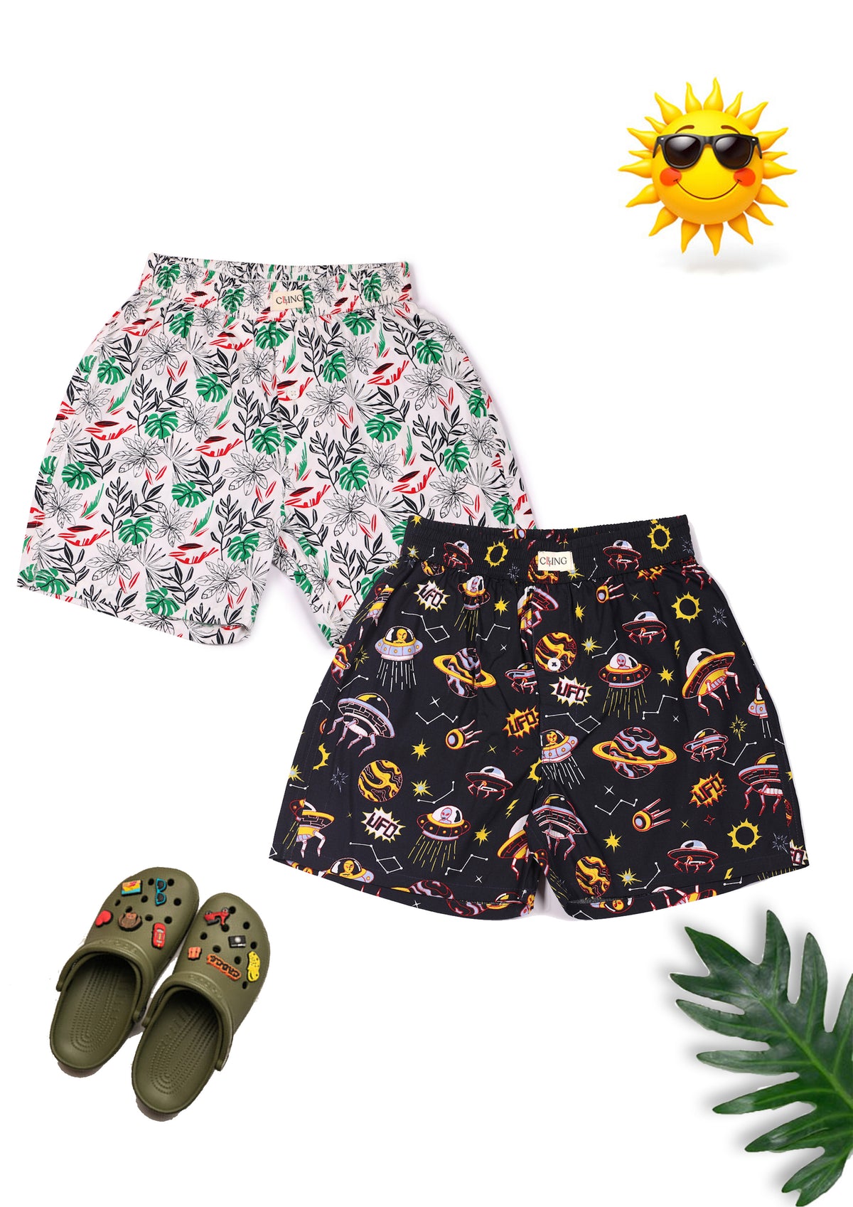 CLLING Unisex Kids Printed Cotton Shorts Set (Pack of 2) - Tropical Botanical & Space UFO
