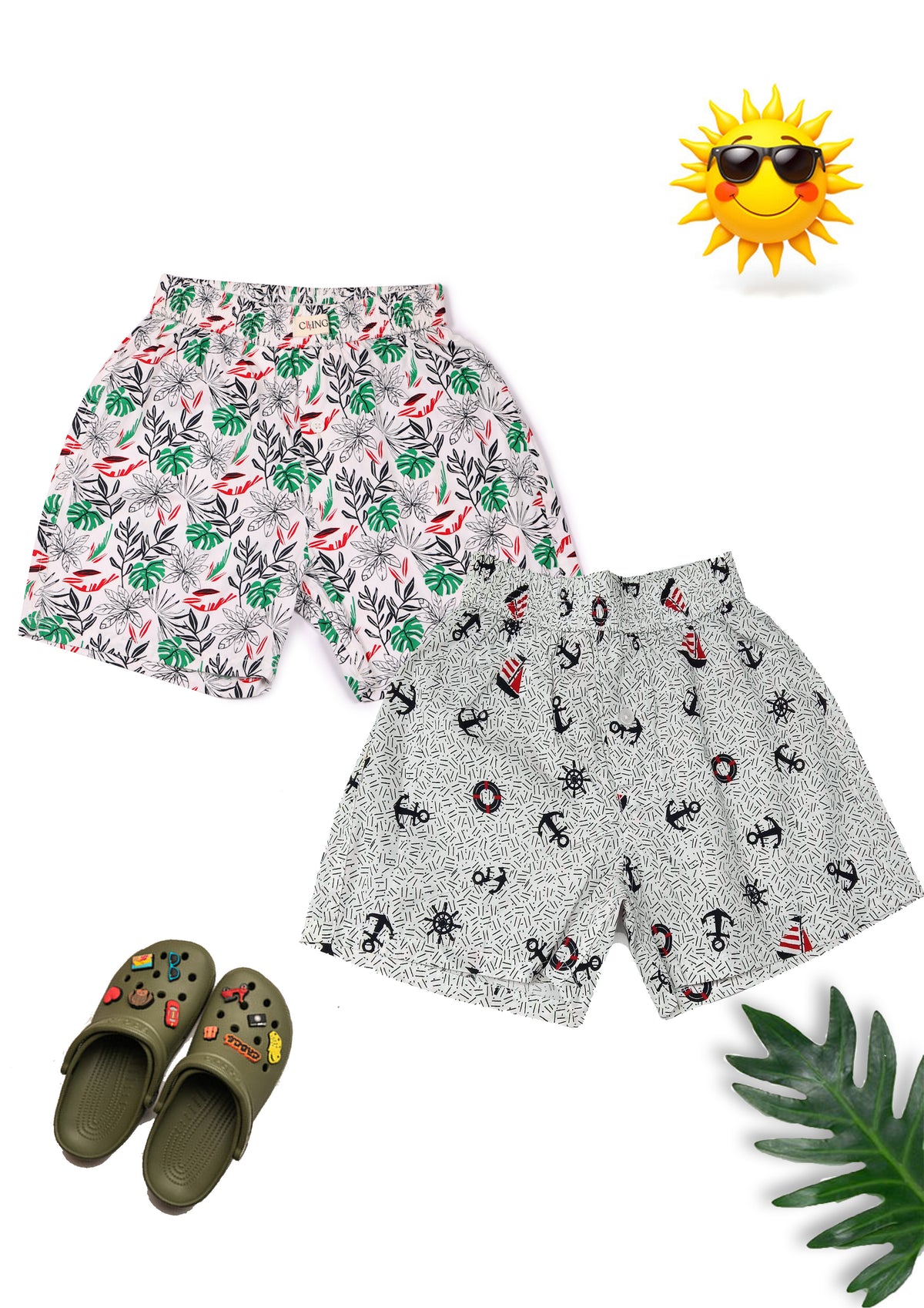 CLLING Kids Unisex 100% Cotton Graphic Boxer Shorts Set - White Monstera Leaf & Grey Anchor Print (Pack of 2)