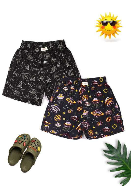 CLLING Kids Unisex Pure Cotton Printed Boxer Shorts (Pack of 2) - Outdoor Camping & Space UFO