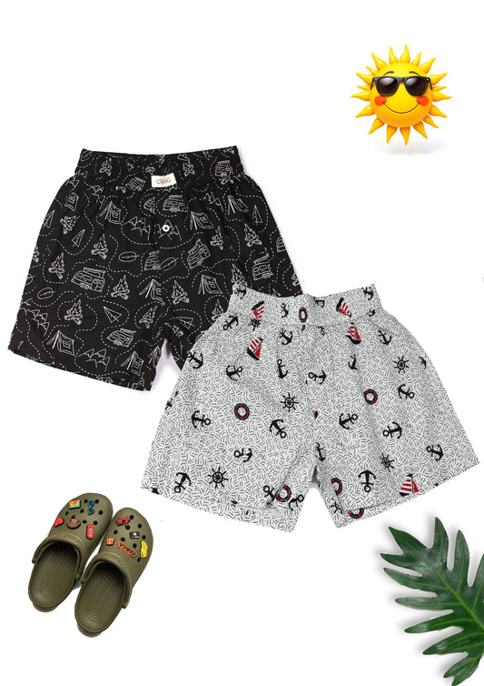 CLLING Unisex Kids 2-Pack Pure Cotton Printed Boxer Shorts - Black Camping & Light Grey Sailboat Print