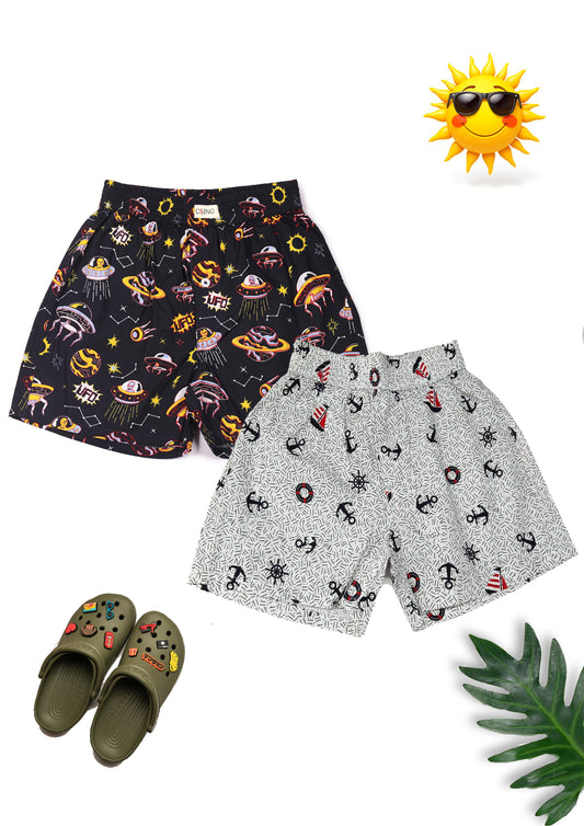 CLLING Unisex Kids Printed Cotton Shorts Set (Pack of 2) - Outer Space & Nautical Marine Print