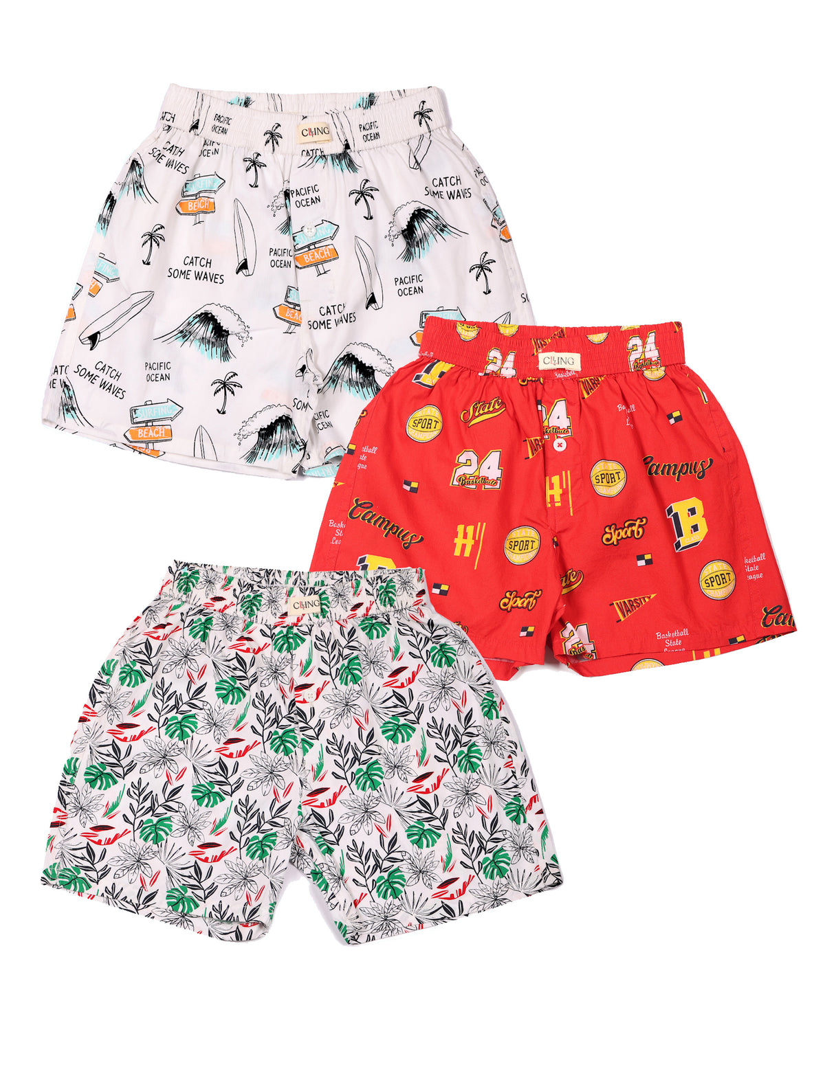 CLLING Boys Printed Cotton Shorts Set (Pack of 3) - Surf, Campus & Leaf