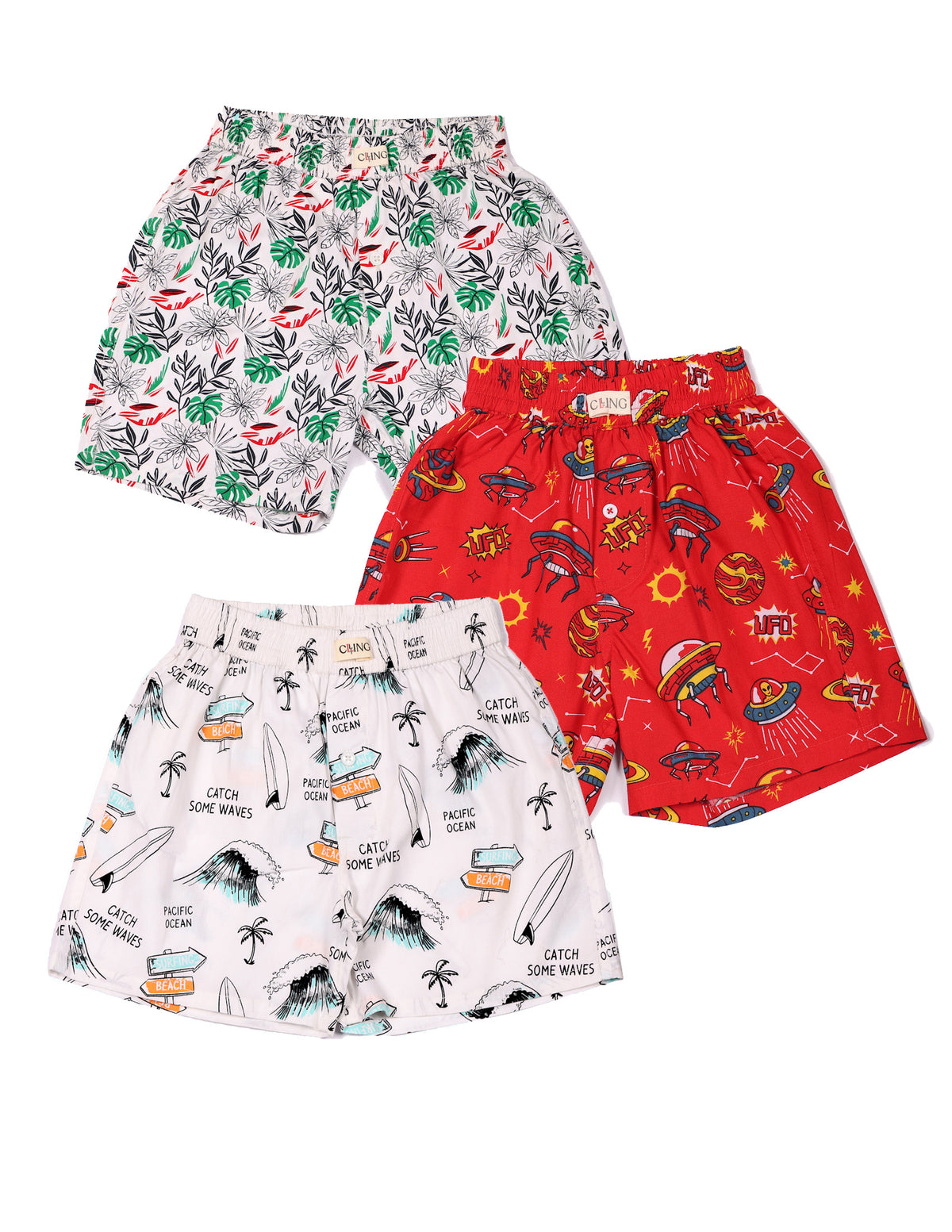 CLLING Kids 3-Pack Graphic Cotton Shorts - Leaf, Space UFO & Beach Surf