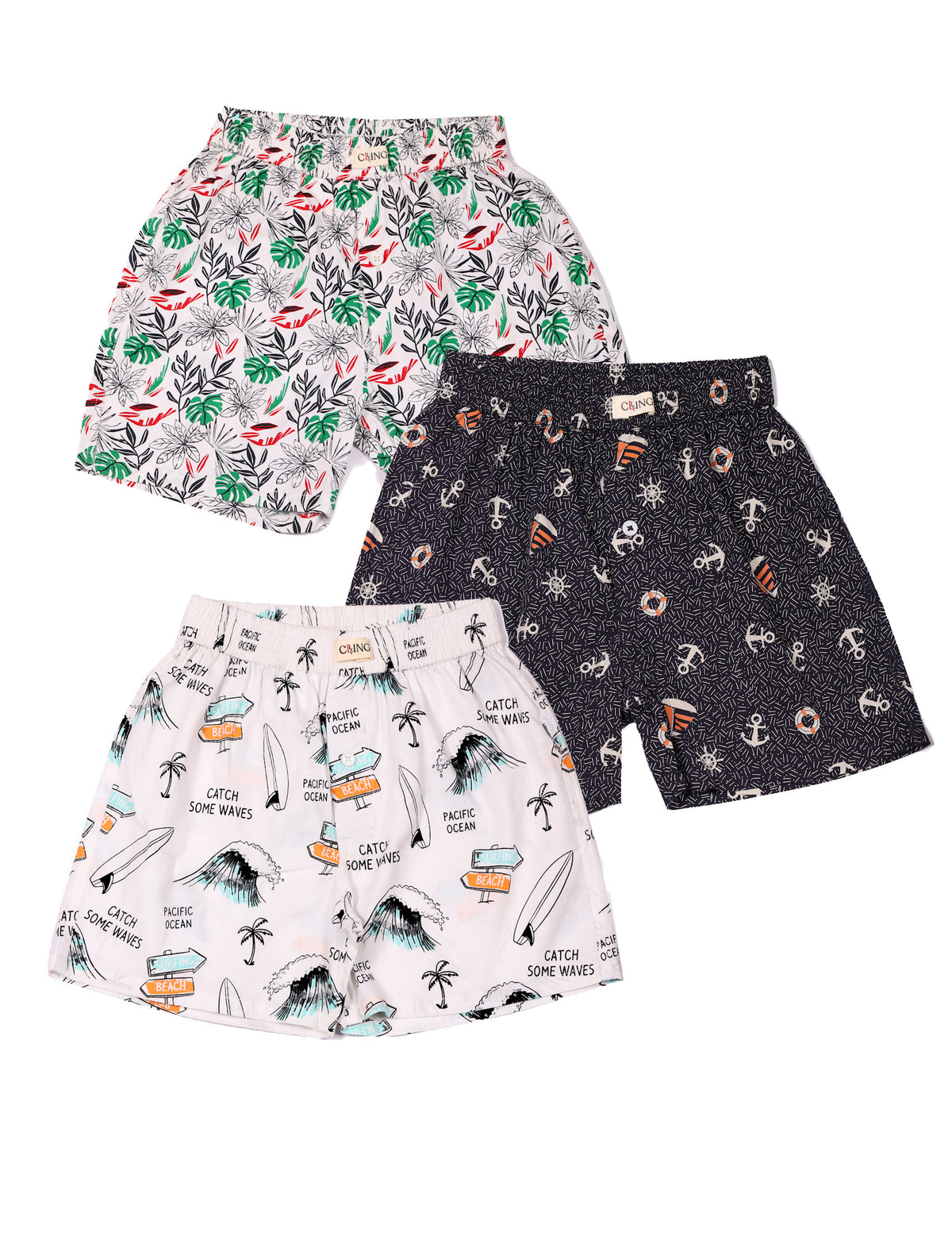 CLLING Boys Printed Cotton Boxer Set (Pack of 3) - Tropical, Nautical & Surf