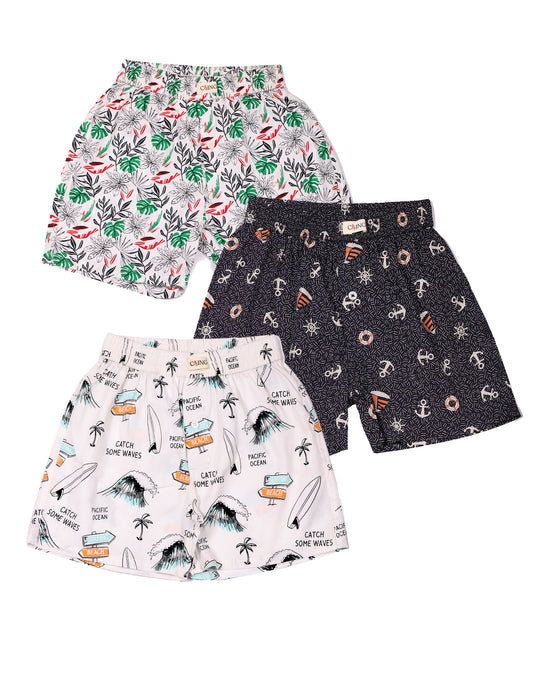 CLLING Boys Printed Cotton Boxer Set (Pack of 3) - Tropical, Nautical & Surf