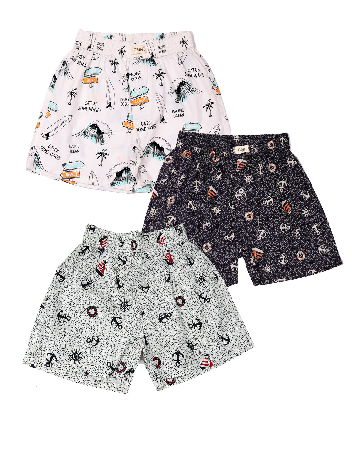 CLLING Kids 3-Pack Graphic Cotton Shorts - Beach Surf, Navy & Grey Anchor