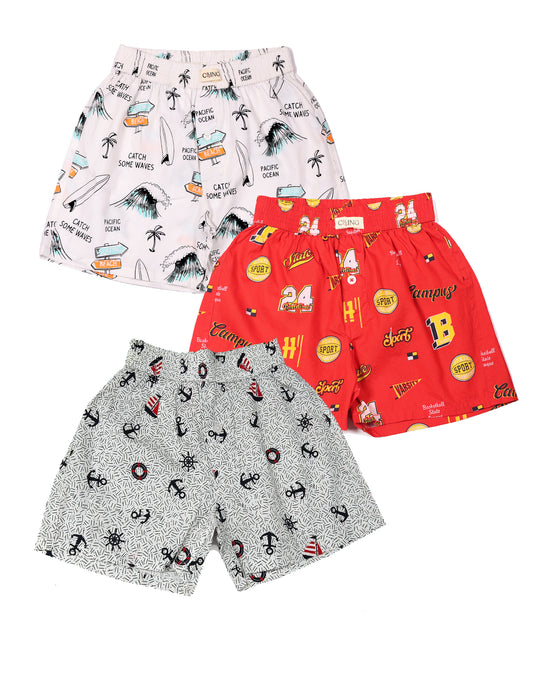 CLLING Kids 100% Cotton Multi-Print Boxer Shorts (Pack of 3) - Surf, Sports & Anchor