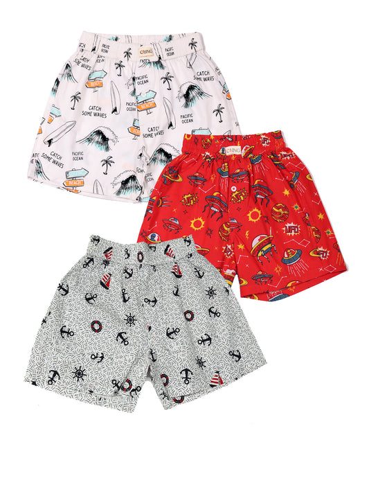 CLLING Boys Pure Cotton Graphic Shorts Set (3-Pack) - Beach, Space & Nautical