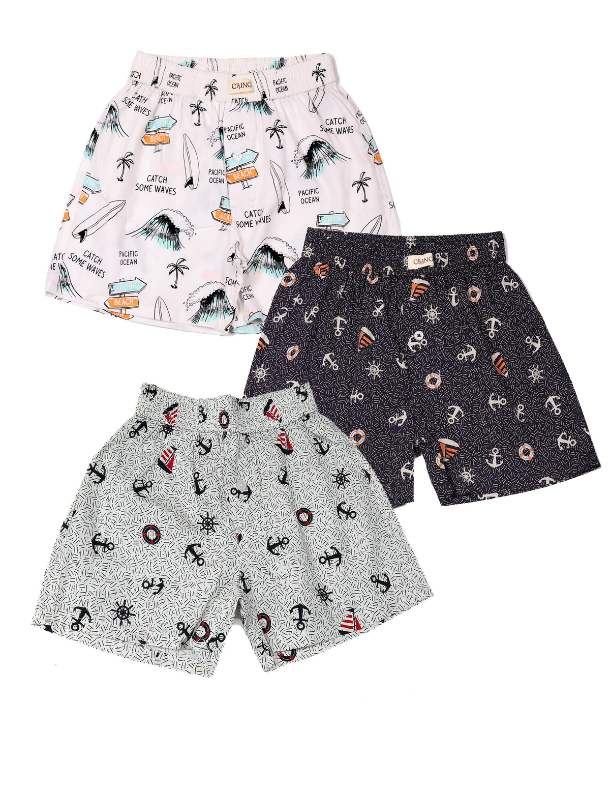 CLLING Kids Super Soft Cotton Printed Boxer Shorts (Pack of 3) - Surf & Dual Nautical Anchors