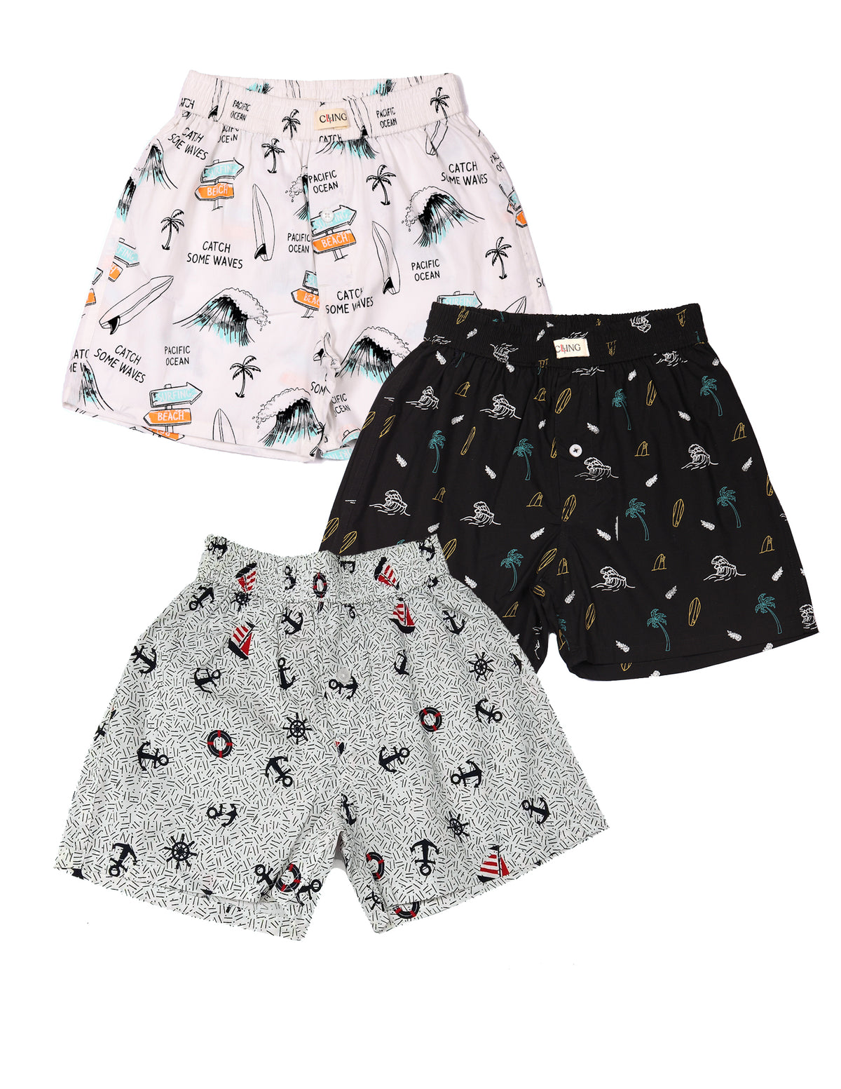 CLLING Boys Everyday Comfort Cotton Boxer Shorts (3-Pack) - Beach Surf, Palm Waves & Anchor