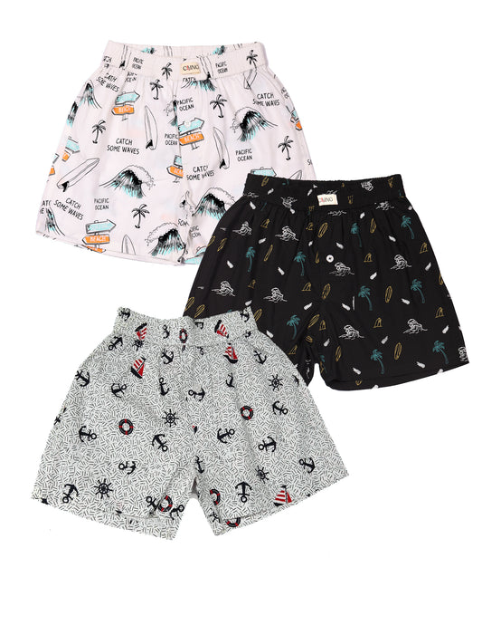 CLLING Boys Everyday Comfort Cotton Boxer Shorts (3-Pack) - Beach Surf, Palm Waves & Anchor