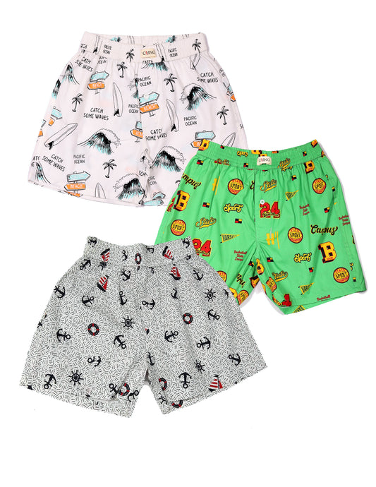 CLLING Kids Assorted Cotton Boxer Shorts (Pack of 3) - Surf, Anchor & Green Varsity Prints
