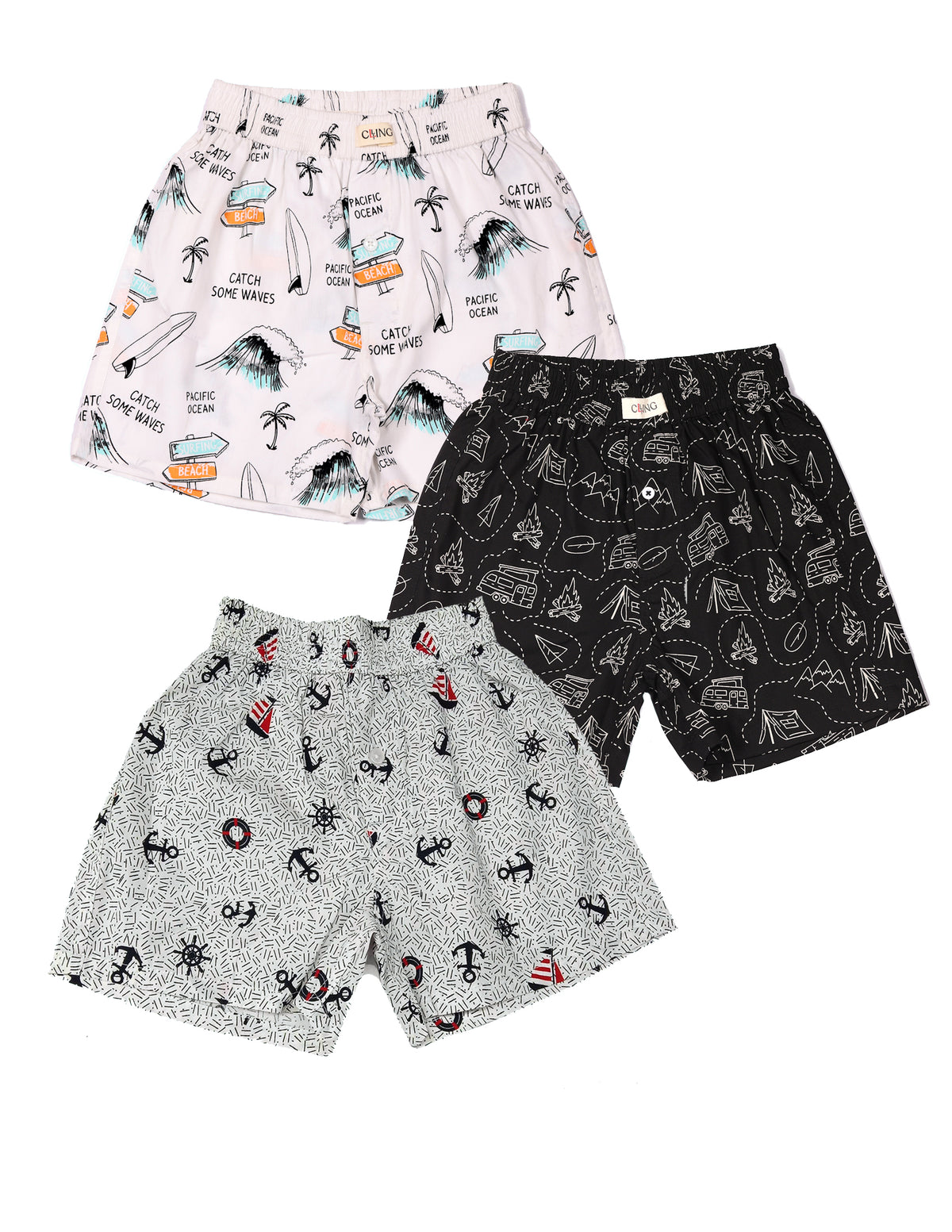 CLLING Boys Soft Cotton Printed Shorts (3-Pack Set) - Surf Waves, Camping & Anchor Graphics