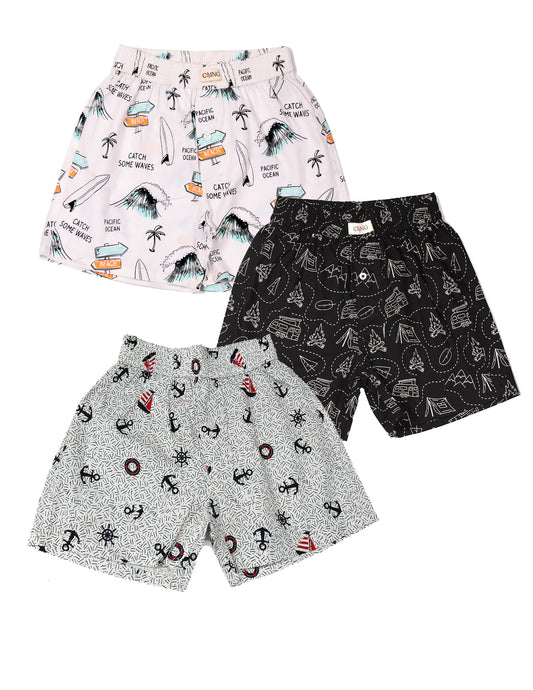 CLLING Boys Soft Cotton Printed Shorts (3-Pack Set) - Surf Waves, Camping & Anchor Graphics
