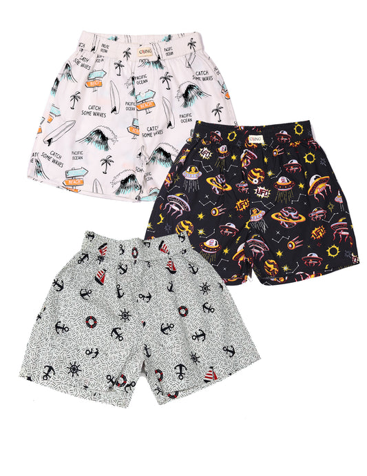 CLLING Kids Pure Cotton Graphic Boxer Shorts (Pack of 3) - Surf Waves, Space UFO & Nautical Anchor