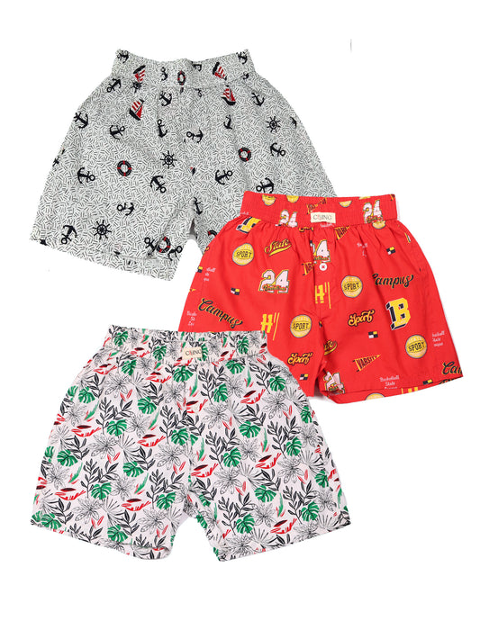 CLLING Boys Everyday Comfort Cotton Boxer Shorts (3-Pack) - Nautical Anchor, Red Sports & Tropical Leaf