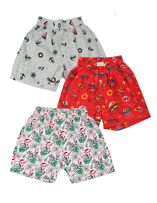 CLLING Kids Pure Cotton Printed Boxer Shorts (Pack of 3) - Grey Anchor, Red UFO & Tropical Leaf