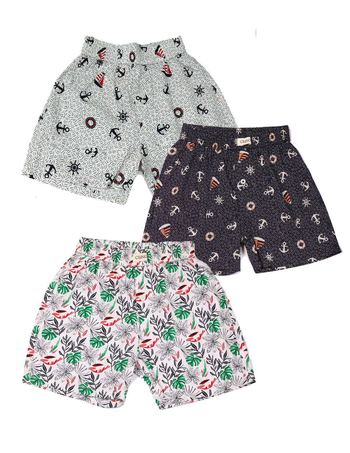 CLLING Kids Super Soft Cotton Graphic Shorts (3-Pack Set) - Grey Anchor, Navy Anchor & Tropical Leaf
