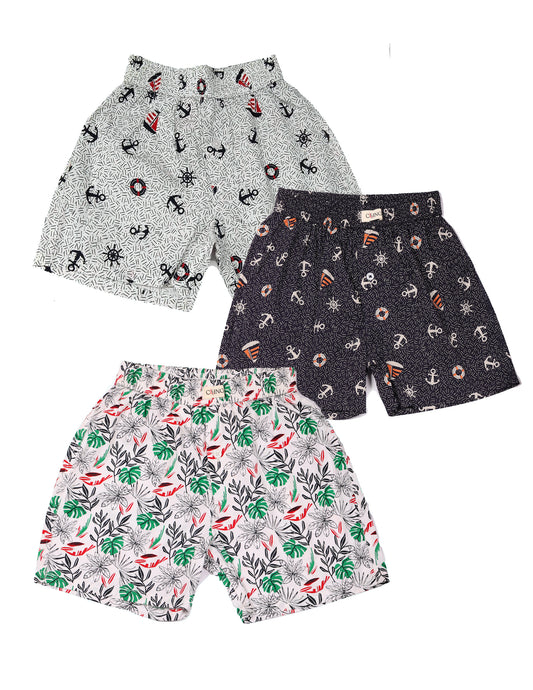 CLLING Kids Super Soft Cotton Graphic Shorts (3-Pack Set) - Grey Anchor, Navy Anchor & Tropical Leaf