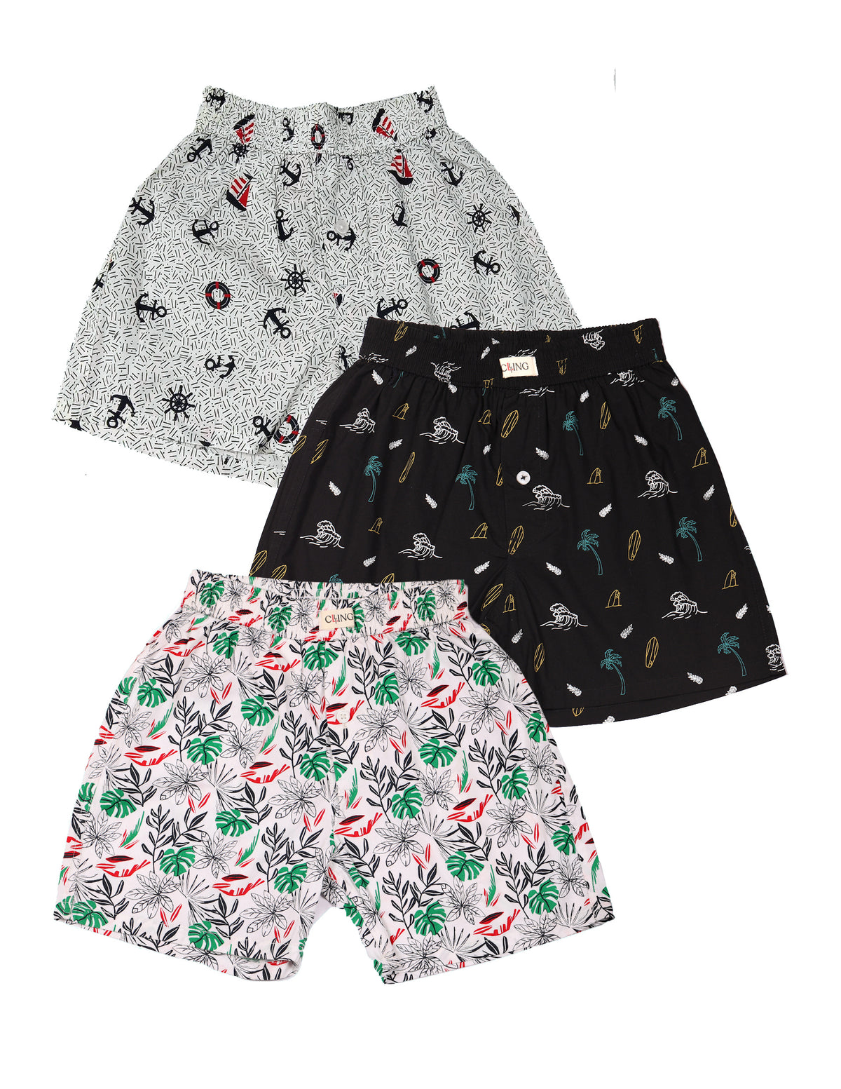 CLLING Boys Pure Cotton Printed Shorts (Pack of 3) - Nautical Anchor, Black Palm Waves & Tropical Leaf