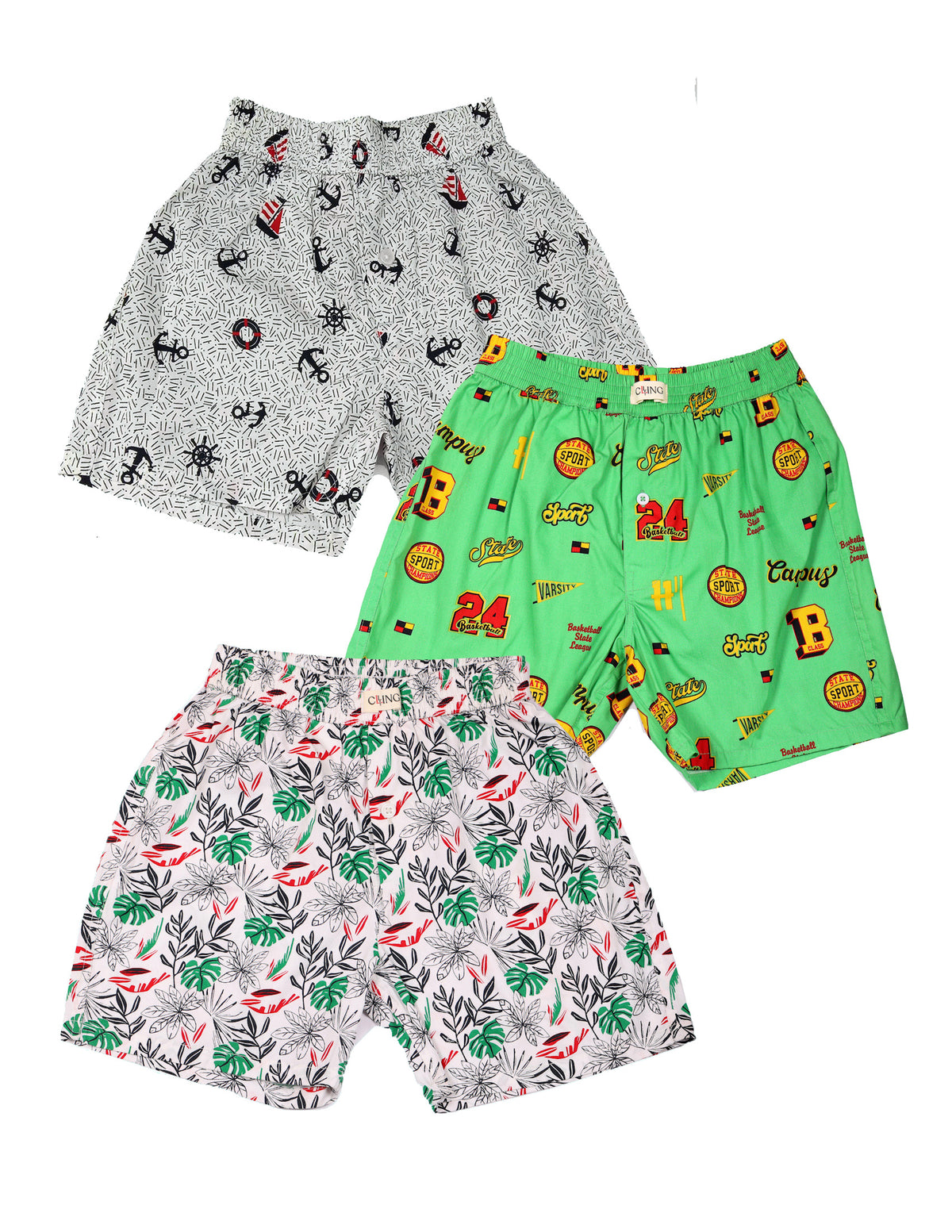 CLLING Kids 100% Pure Cotton Printed Boxer Shorts (3-Pack) - Light Grey Anchor, Green Campus & Tropical Leaf