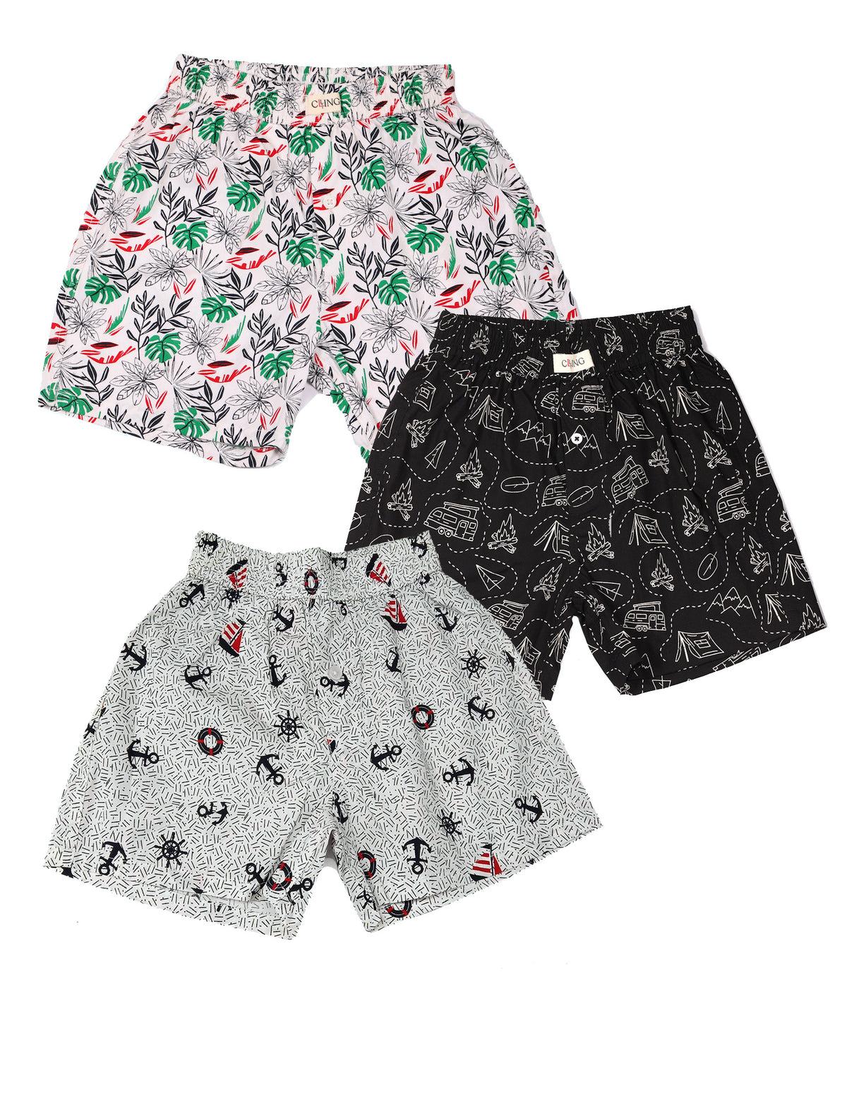 CLLING Boys Breathable Cotton Graphic Shorts (Pack of 3) - Tropical Leaf, Black Camping & Nautical Anchor