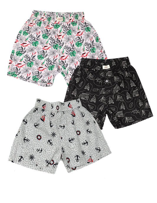 CLLING Boys Breathable Cotton Graphic Shorts (Pack of 3) - Tropical Leaf, Black Camping & Nautical Anchor
