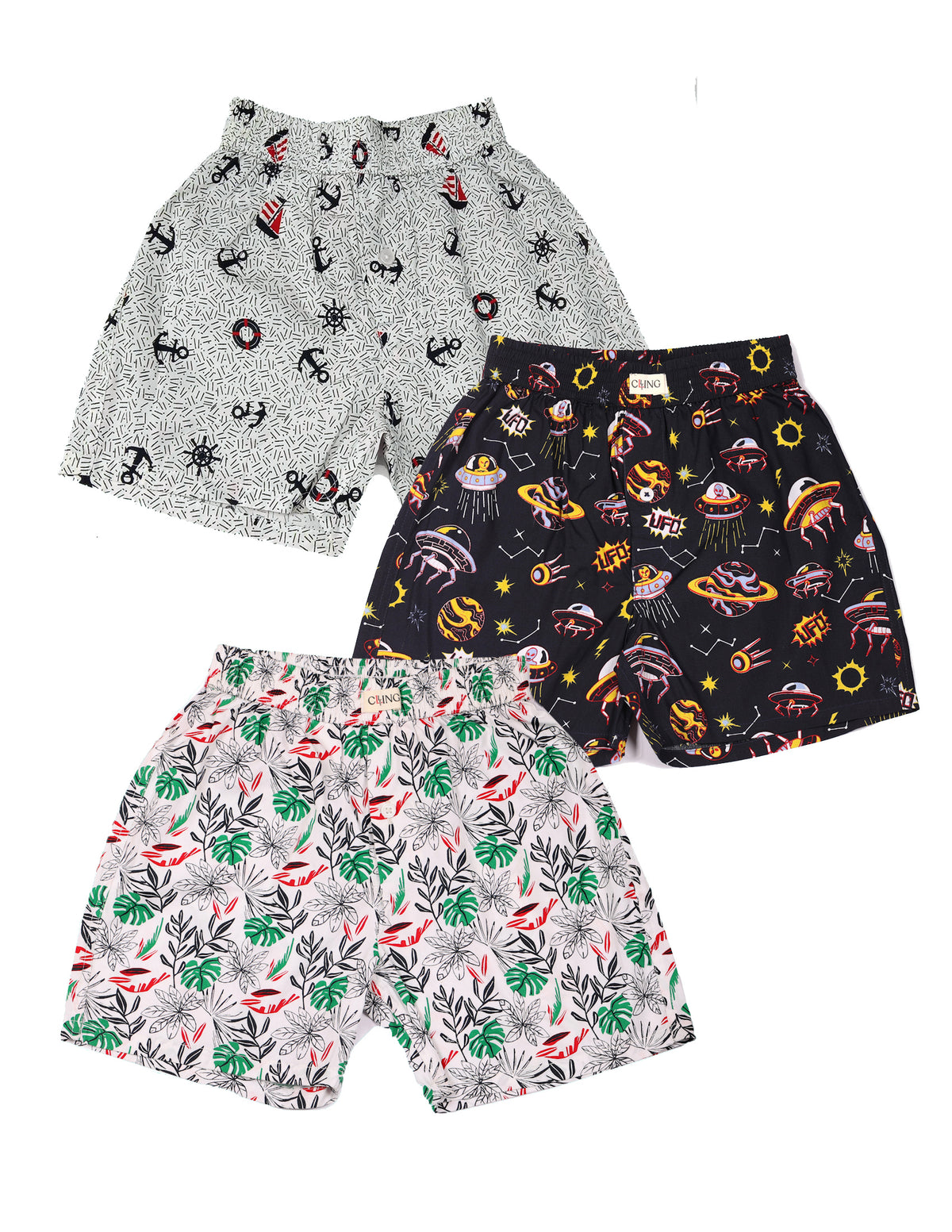 CLLING Boys Premium Pure Cotton Printed Boxer Shorts (3 Pack) - Anchor, Space UFO & Tropical Leaf