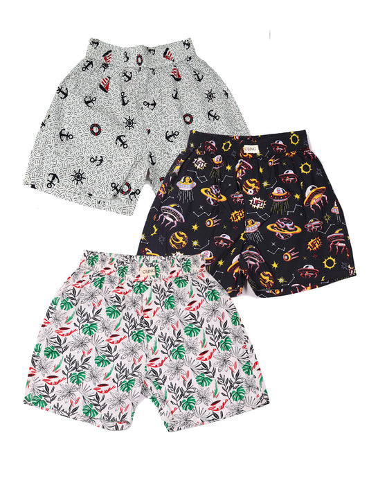 CLLING Boys Premium Pure Cotton Printed Boxer Shorts (3 Pack) - Anchor, Space UFO & Tropical Leaf