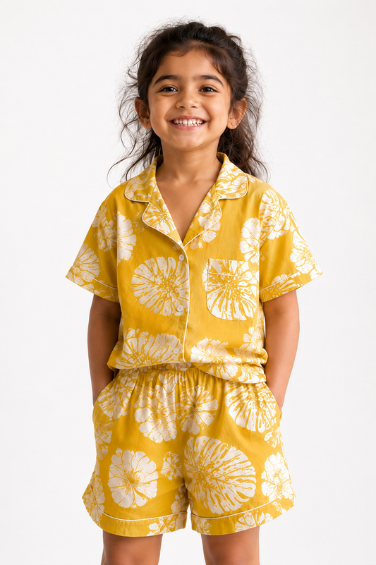 Kids Girl’s Yellow Floral Printed Cotton Co-ord Set