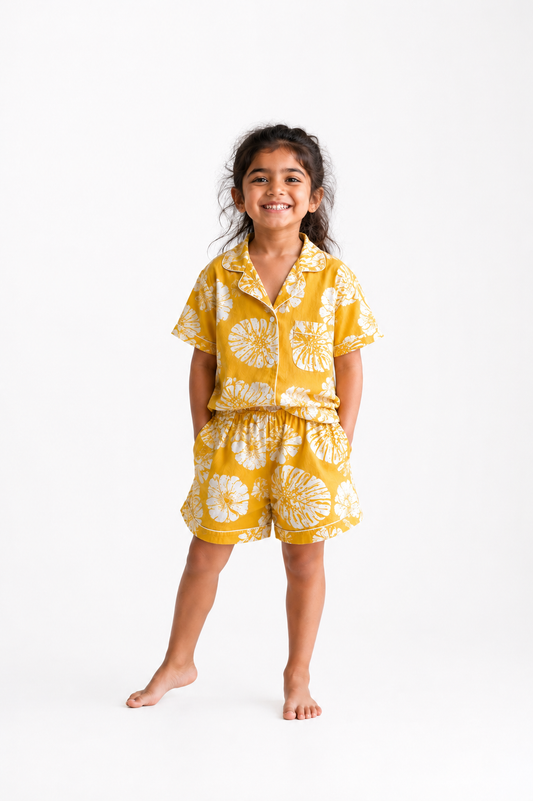 Kids Girl’s Yellow Floral Printed Cotton Co-ord Set