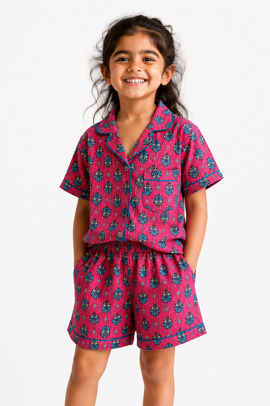 Kids Girl’s Pink Booti Printed Cotton Co-ord Set