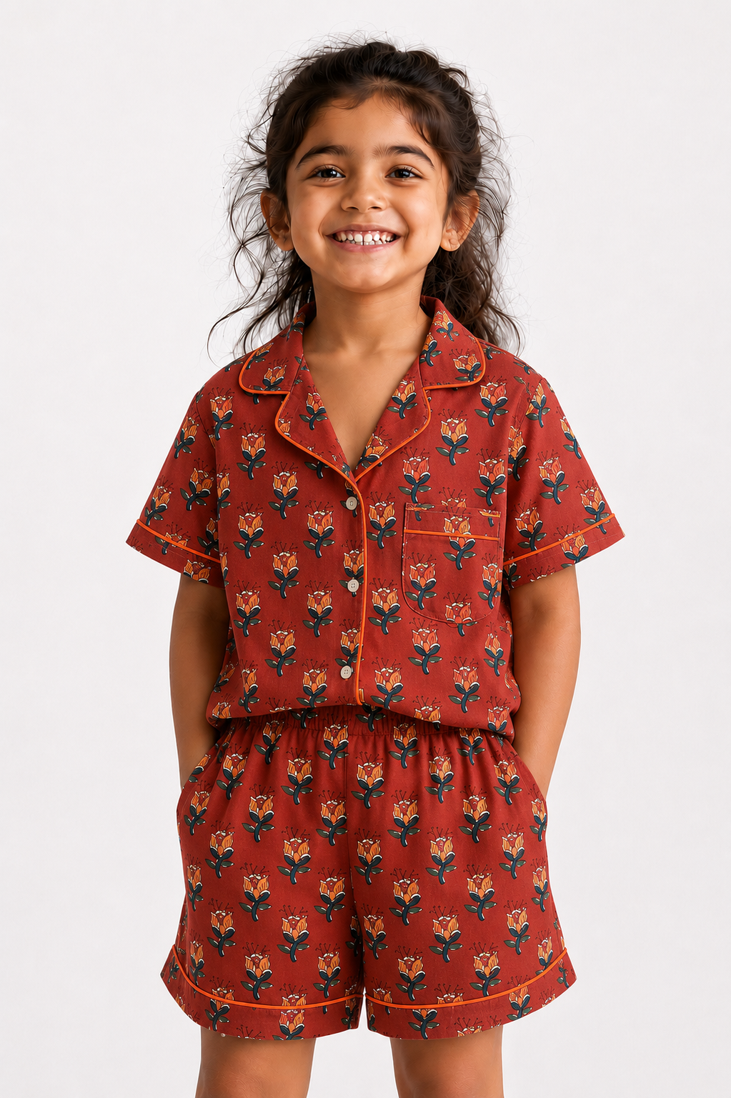 Kids Girl’s Red Floral Booti Cotton Co-ord Set