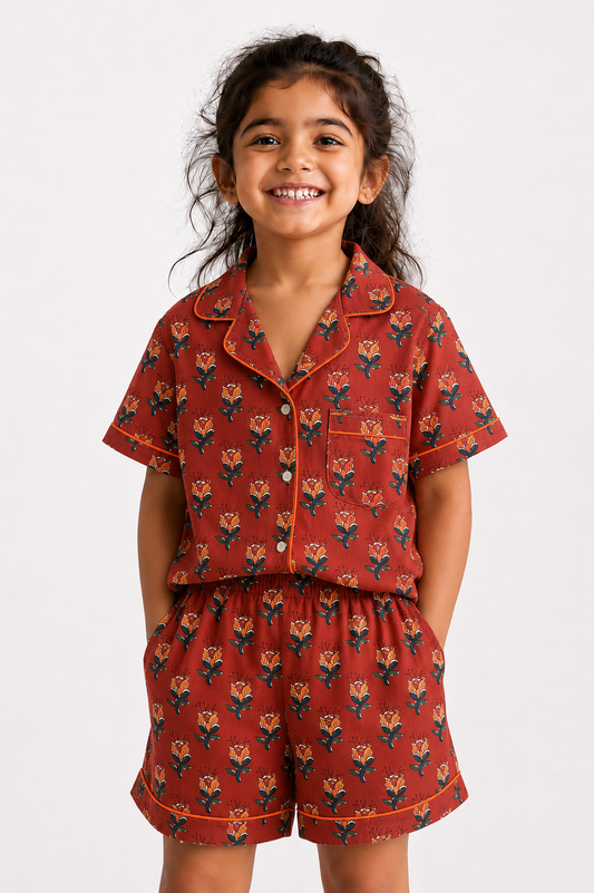 Kids Girl’s Red Floral Booti Cotton Co-ord Set