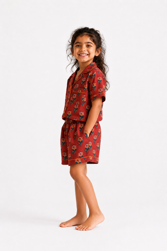 Kids Girl’s Red Floral Booti Cotton Co-ord Set