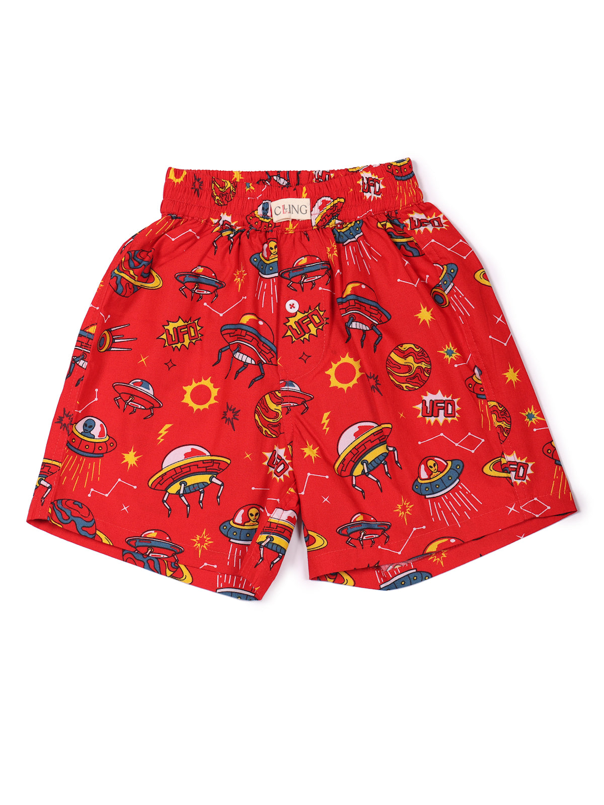 CLLING Boys White & Red Printed Cotton Boxer Shorts (Pack of 2) - Beach Waves & Space UFO