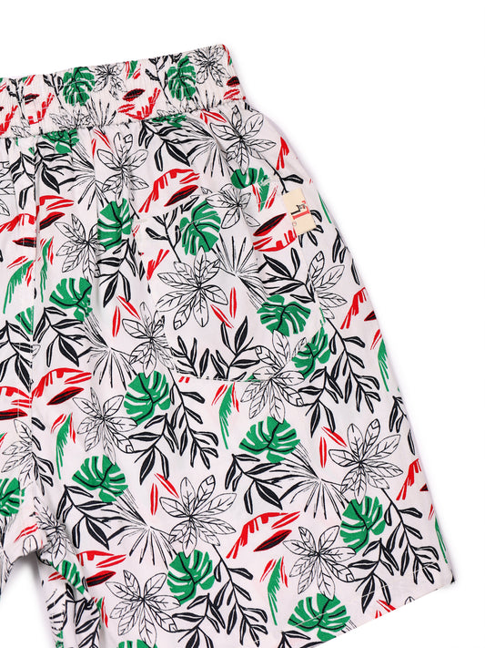 CLLING Kids Unisex 100% Cotton Graphic Boxer Shorts Set - White Monstera Leaf & Grey Anchor Print (Pack of 2)