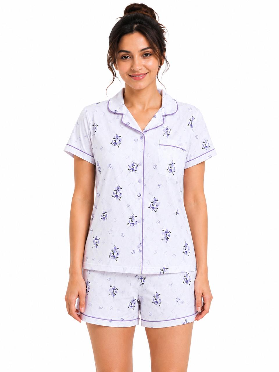 CLLING Women's Pure Cotton Floral Nightwear Set - Lavender & Purple Shirt with Shorts Co-ord