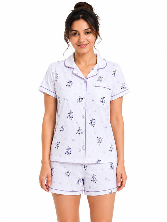 CLLING Women's Pure Cotton Floral Nightwear Set - Lavender & Purple Shirt with Shorts Co-ord