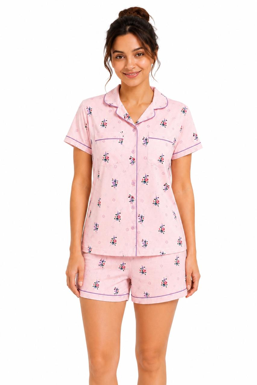 CLLING Women's Pure Cotton Floral Nightwear Set - Pastel Pink Shirt with Shorts Co-ord