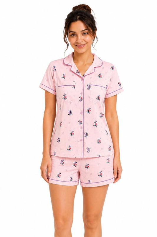 CLLING Women's Pure Cotton Floral Nightwear Set - Pastel Pink Shirt with Shorts Co-ord