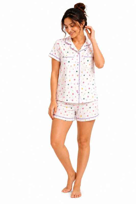 CLLING Women's Pure Cotton Polka Dot Nightwear Set - White & Multicolor Shirt with Shorts Co-ord