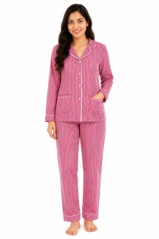 CLLING Women's Pure Cotton Full Sleeve Nightwear Set - Magenta & White Striped Pyjama Co-ord